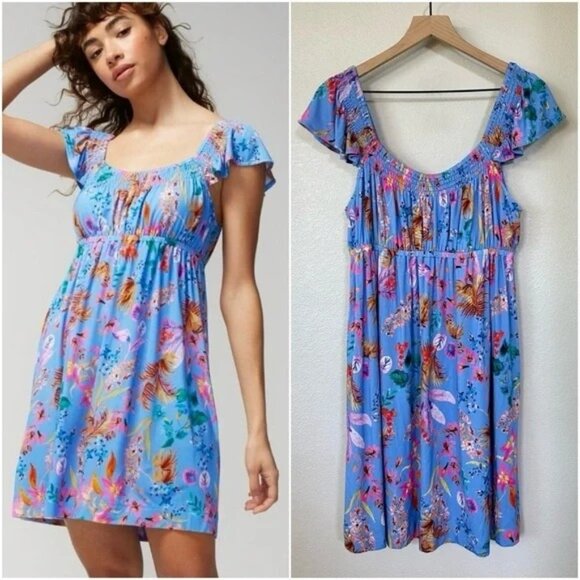 Soma Cool Nights Smocked Neck Chemise Flutter Sleeve Blooming Tropical Print - Picture 1 of 12